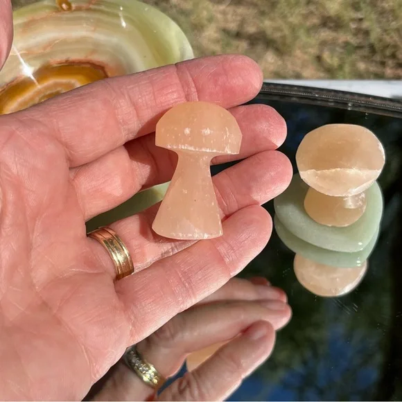 Banded Green Onyx Bowl, Selenite Mushrooms, Grape Agate, Ocean Jasper Chips - Picture 10 of 16